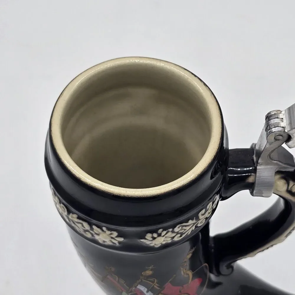 King Original Germany Horn Beer Stein Deutschland Pewter Lid Black Ceramic
